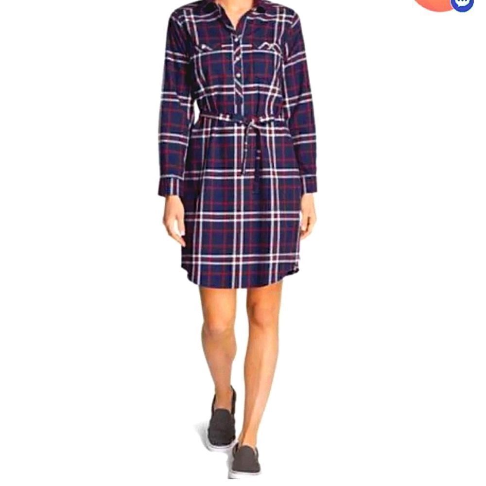 Eddie Bauer Navy Plaid Flannel Cotton Shirt Dress Sz 0